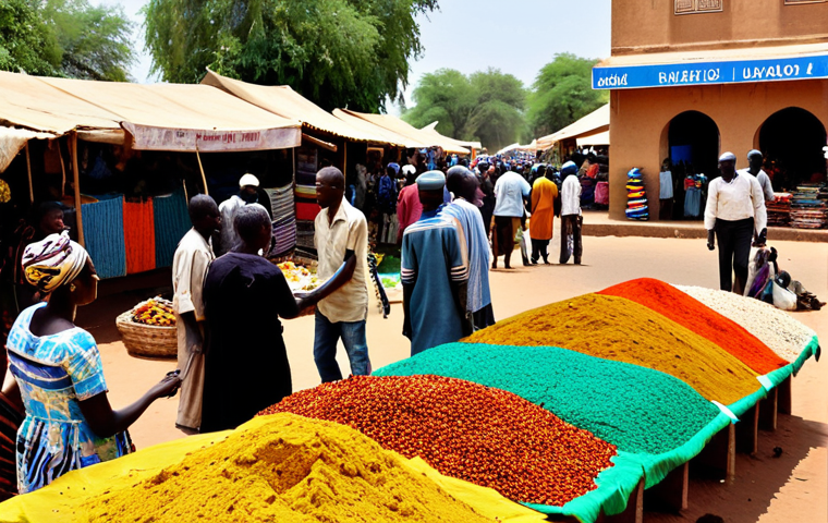 Ouagadougou Market Scene**

"A bustling marketplace in Ouagadougou, Burkina Faso. Vendors selling colorful textiles, spices, and crafts. People in modest, traditional clothing are browsing and bargaining. Bright sunlight, vibrant atmosphere. Focus on the human interaction and cultural richness. Fully clothed, appropriate content, safe for work, professional, natural proportions, perfect anatomy, high quality."

**