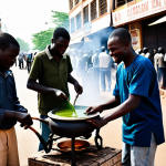 **Prompt:** A group of fully clothed men preparing Ataya (green tea) over a small brazier in a bustling Ouagadougou street scene. They are using traditional methods, pouring the tea between glasses to create foam. People are gathered around, chatting and smiling. Safe for work, appropriate content, perfect anatomy, natural proportions, family-friendly, professional photography, high quality, modest clothing.