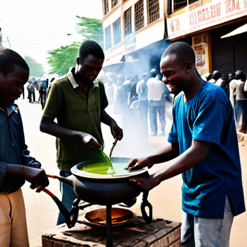 Home 19 **Prompt:** A group of fully clothed men preparing Ataya (green tea) over a small brazier in a bustling Ouagadougou street scene. They are using traditional methods, pouring the tea between glasses to create foam. People are gathered around, chatting and smiling. Safe for work, appropriate content, perfect anatomy, natural proportions, family-friendly, professional photography, high quality, modest clothing.