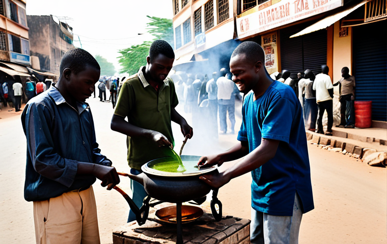 **Prompt:** A group of fully clothed men preparing Ataya (green tea) over a small brazier in a bustling Ouagadougou street scene. They are using traditional methods, pouring the tea between glasses to create foam. People are gathered around, chatting and smiling. Safe for work, appropriate content, perfect anatomy, natural proportions, family-friendly, professional photography, high quality, modest clothing.