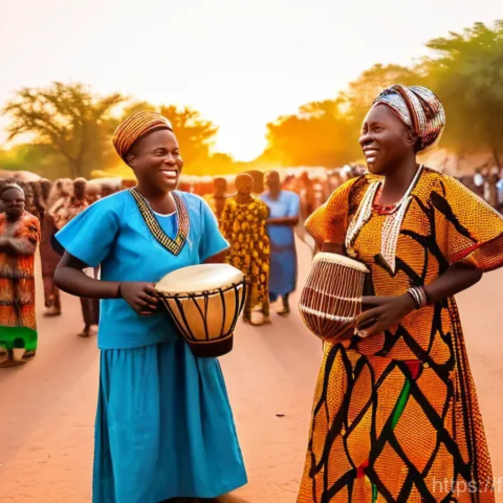 부르키나파소에서 즐길 수 있는 축제와 행사 - **Vibrant Burkinab&egrave; Street Music and Dance at Sunset**
    A lively street scene in Ouagadougou at s...