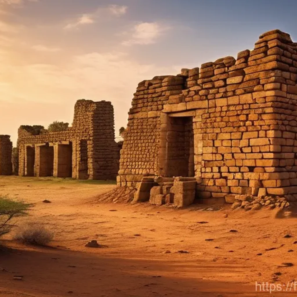 부르키나파소의 주요 박물관 및 역사 유적지 - **Ancient Fortifications of Lorop&eacute;ni**
    "A majestic, photo-realistic wide shot of the ancient sto...