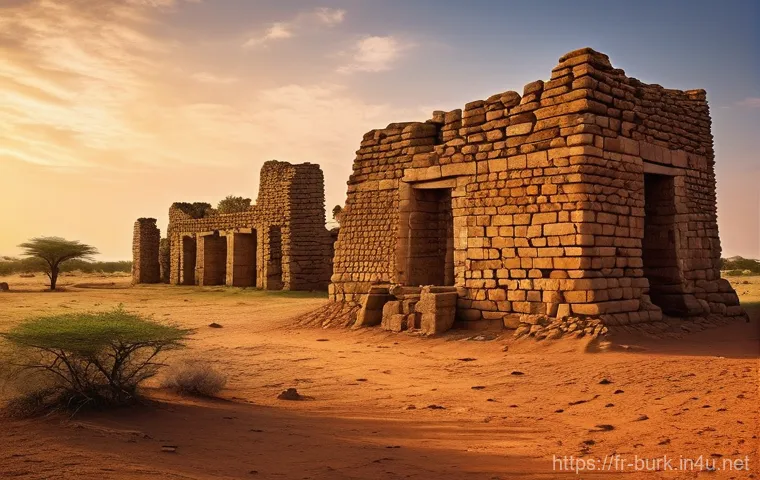 부르키나파소의 주요 박물관 및 역사 유적지 - **Ancient Fortifications of Lorop&eacute;ni**
    "A majestic, photo-realistic wide shot of the ancient sto...