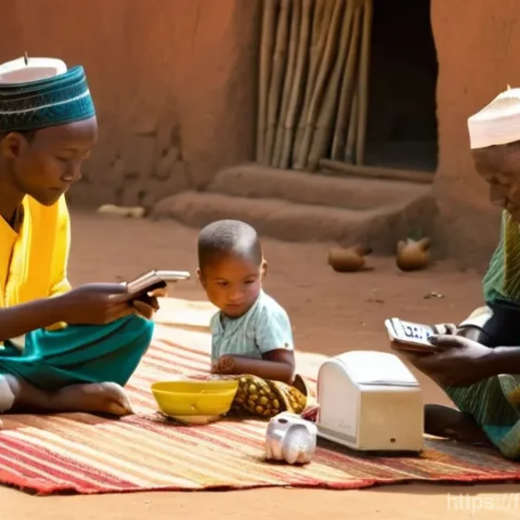 부르키나파소 주요 언론사 및 뉴스 매체 - **Prompt:** A vibrant, multi-generational Burkinab&egrave; family or community gathering in an open-air vil...