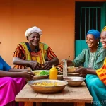 Home 20 부르키나파소 주요 관광지 추천 - **Prompt:** A vibrant scene capturing the warmth of Burkinabè hospitality. A multi-generational fami...