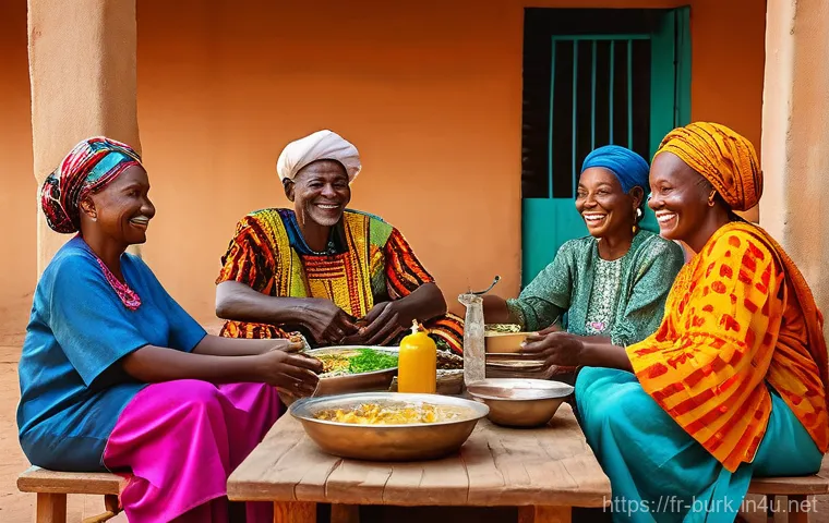 부르키나파소 주요 관광지 추천 - **Prompt:** A vibrant scene capturing the warmth of Burkinabè hospitality. A multi-generational fami...